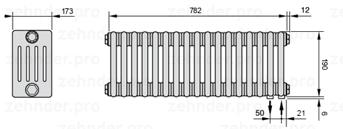 Схема (чертеж) Радиатор Zehnder Charleston 5019/17 №5510 Белый глянцевый RAL 9016
